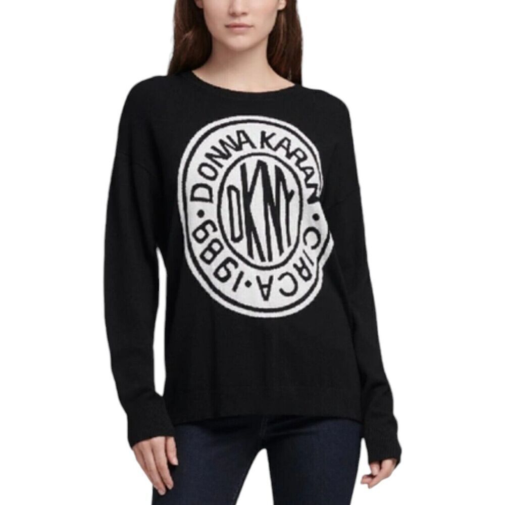 DKNY Lurex Token Logo Sweater Size S Black Long Sleeve Drop Shoulder Womens